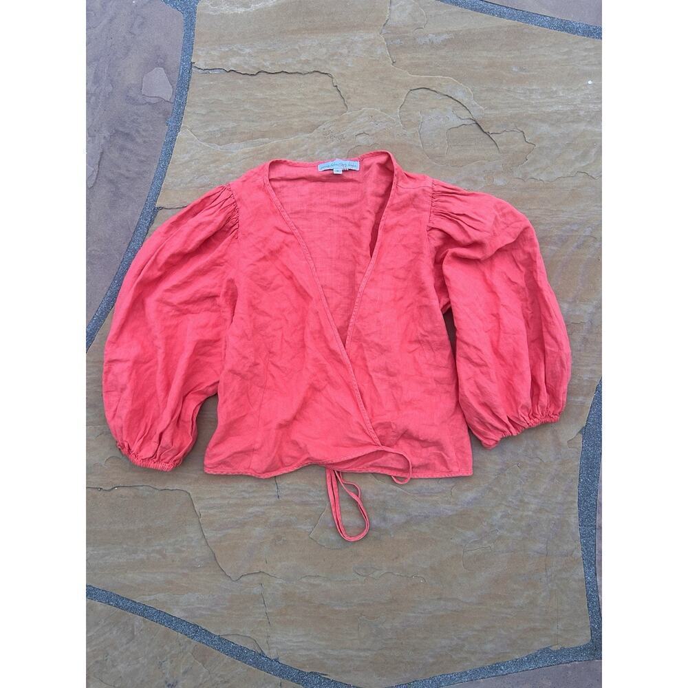 Young Fabulous Broke Women Top Small 100% Wrap Tie Crop Blouse Red Orange